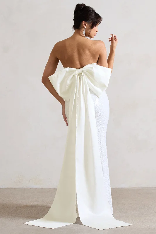 ladies-maxi-dress-draped-dawn-To You | White Sequin Bandeau Split Maxi Dress With Oversized Bow