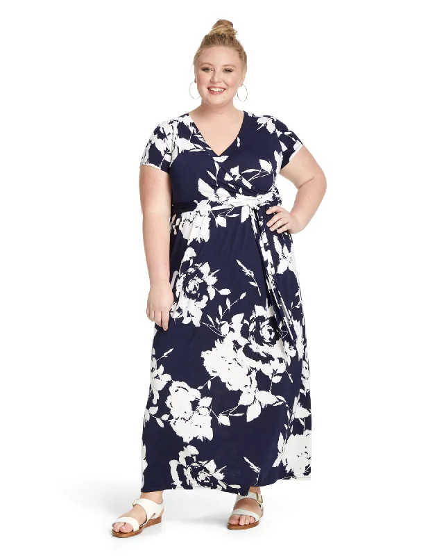 ladies-maxi-dress-romantic-ripple-Miami Faux Wrap Maxi Dress | Navy / White