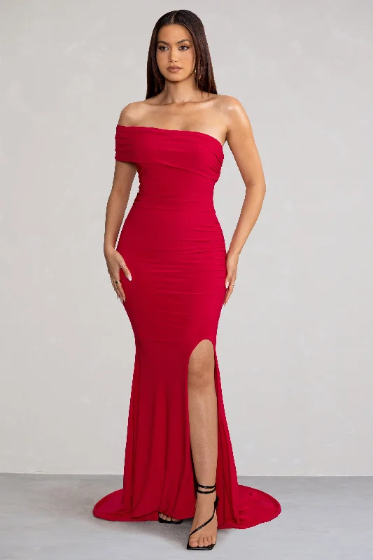 ladies-maxi-dress-lilac-luster-Forever & Always | Red One Shoulder Ruched Fishtail Maxi Dress