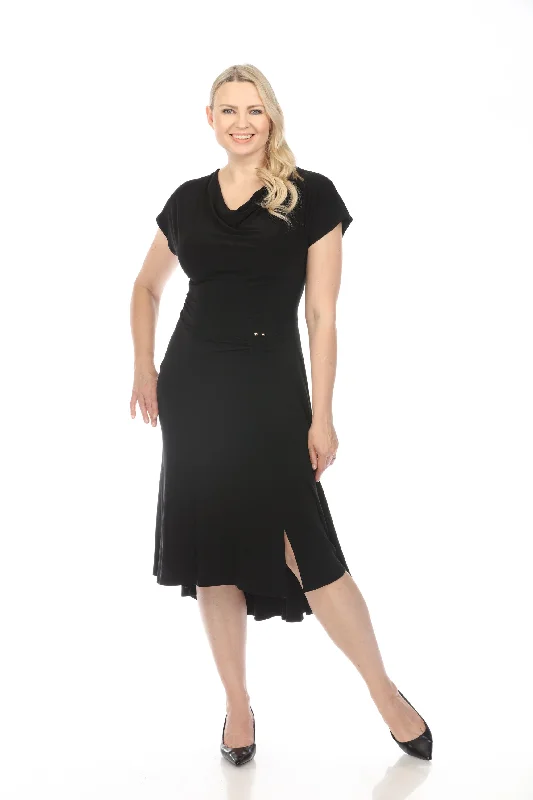 Women's flare dress beach chic -Joseph Ribkoff Black Cowl Neck Dolman Sleeve Midi Fit & Flare Dress 241152