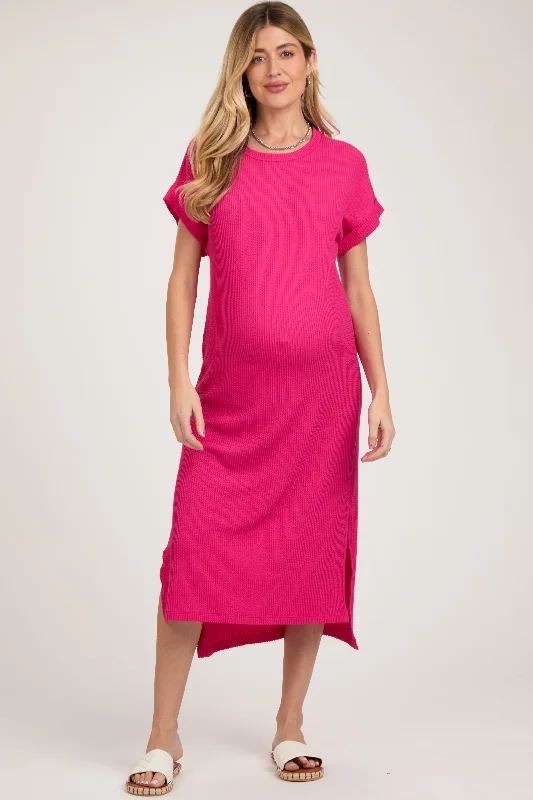 Women's midi dress lush flair -Fuchsia Ribbed Short Sleeve Maternity Midi Dress