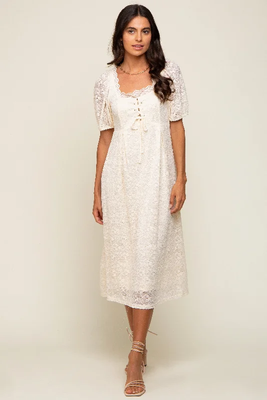 Women's midi dress fam glow -Cream Lace Cutout Midi Dress