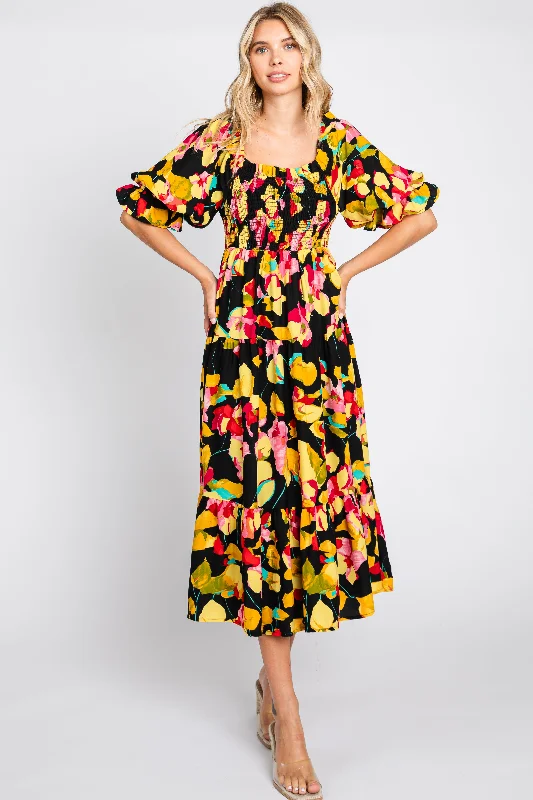 Women's midi dress net chic -Black Floral Puff Sleeve Midi Dress