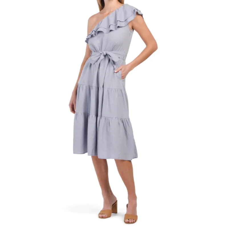 Women's midi dress loop glow -Nicole Miller Asymmetrical One Shoulder Ruffle Trim Linen Tiered Midi Dress