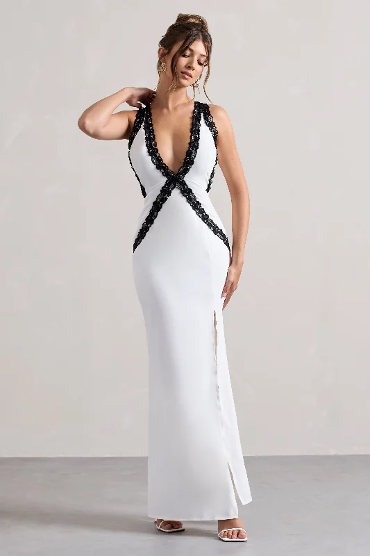 ladies-maxi-dress-low-cut-lush-Cirilla | White Plunge-Neck Split Maxi Dress With Lace Detail