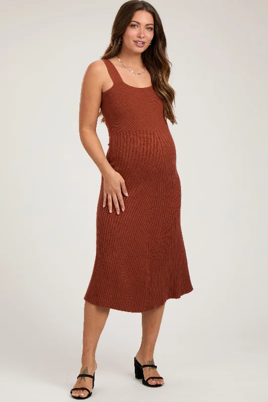 Women's midi dress lax glow -Rust Sweater Knit A-Line Maternity Midi Dress