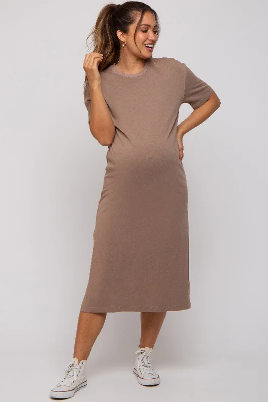 Women's midi dress trim flair -Taupe T-Shirt Maternity Midi Dress