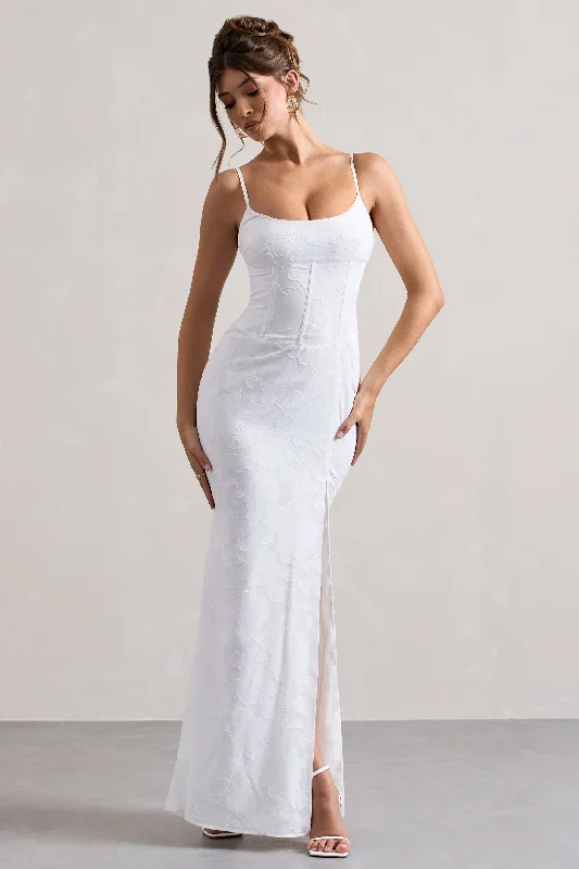 ladies-maxi-dress-maternity-mirth-Intimacy | White Lace Corset Split Maxi Dress