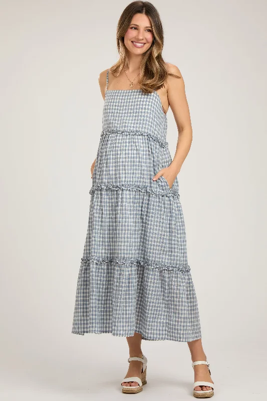 Women's midi dress bronze chic -Blue Gingham Ruffle Tiered Maternity Midi Dress