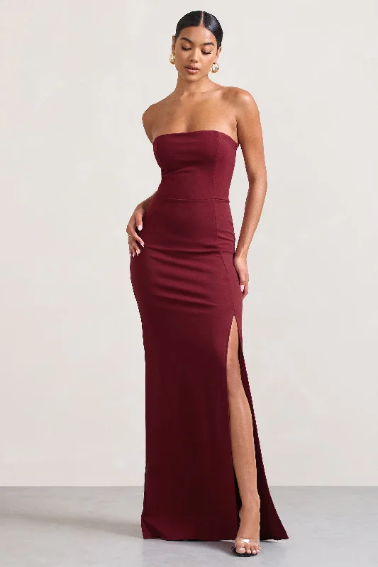 ladies-maxi-dress-limited-luster-Belle of The Ball | Berry Bandeau Maxi Dress With Split Hem