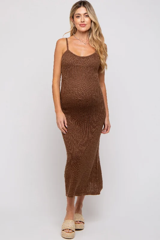 Women's midi dress thread flair -Brown Open Knit Crochet Maternity Midi Dress