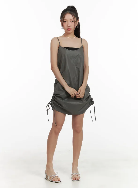 ladies-mini-dress-tassel-tango-Shirred Nylon Sleeveless Mini Dress OA415