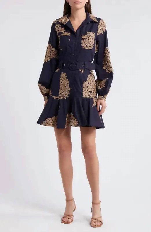 Women's shirt dress glee pop -Ina Long Sleeve Embroidered Shirt Dress In Navy Tan