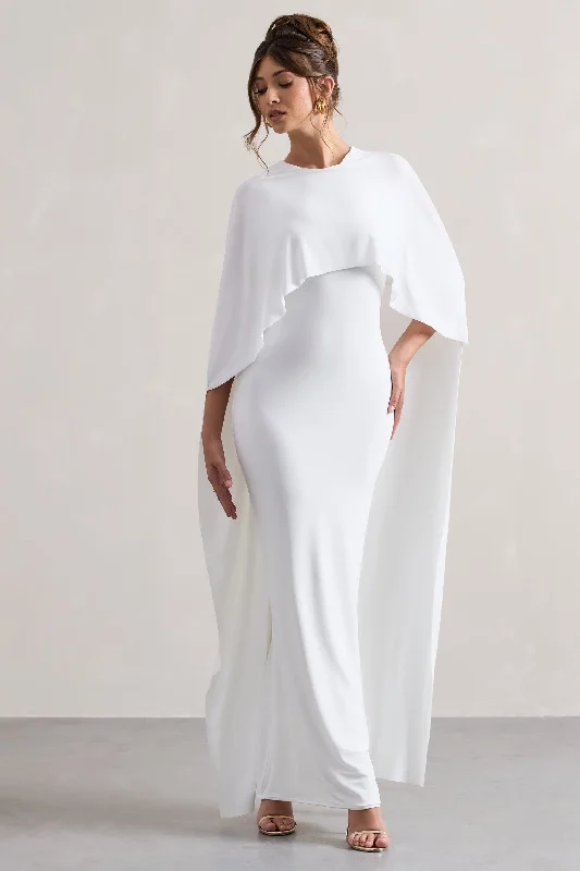 ladies-maxi-dress-date-night-dawn-Palena | White Draped Maxi Dress With Cape Sleeves