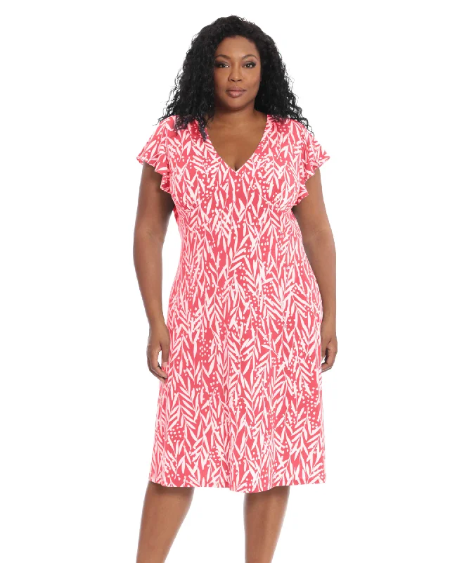 Women's midi dress bare flair -Lilly Ruffle Sleeve Midi Dress | Coral White