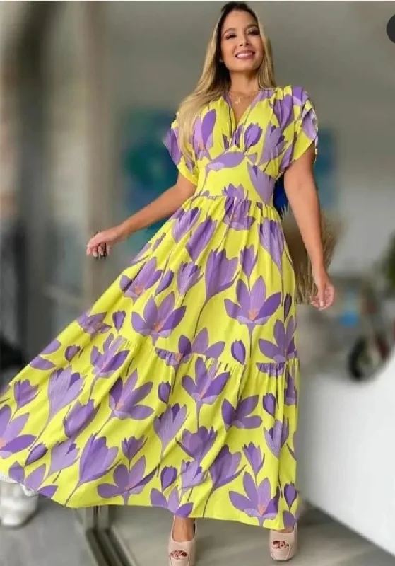 ladies-maxi-dress-runway-ripple-Floral Print Half Sleeve Pleated Womens Maxi Dress S4586904