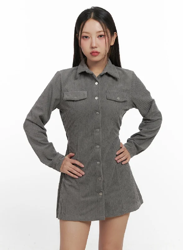 ladies-mini-dress-high-neck-hype-Solid Buttoned Corduroy Mini Dress CN415