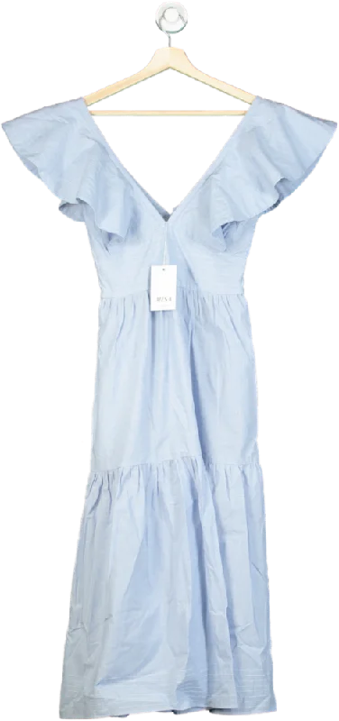 ladies-maxi-dress-cold-shoulder-chic-Misa Blue Smocked Ruffle Maxi Dress UK XS