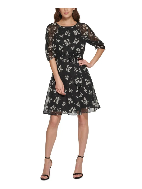 Women's flare dress cold shoulder -Petites Womens Floral Print Knee Fit & Flare Dress