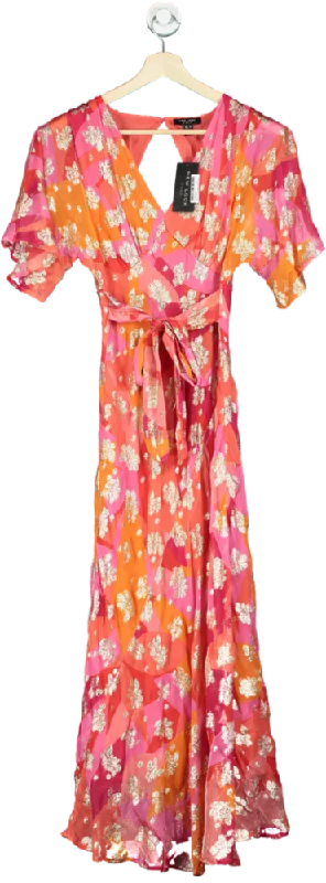 ladies-maxi-dress-70s-sunset-New Look Multicolour Gold Flower Maxi Dress UK 8