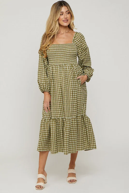 Women's midi dress zest flair -Olive Gingham Long Sleeve Maternity Midi Dress