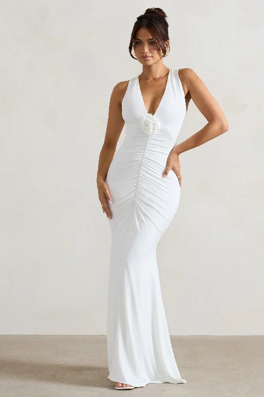 ladies-maxi-dress-subtle-sweep-Julianna | White Plunge-Neck Ruched Maxi Dress With Corsage