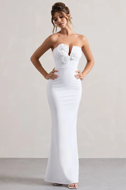 ladies-maxi-dress-plunge-poise-Enticed | White Strapless V-Neck Maxi Dress With Flowers