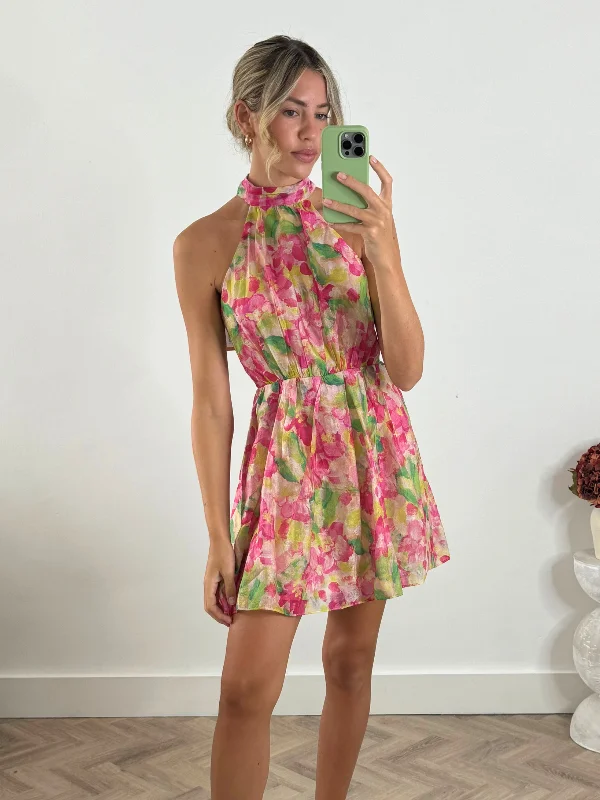 ladies-mini-dress-peach-pop-Raye High Neck Mini Dress in Multi Floral