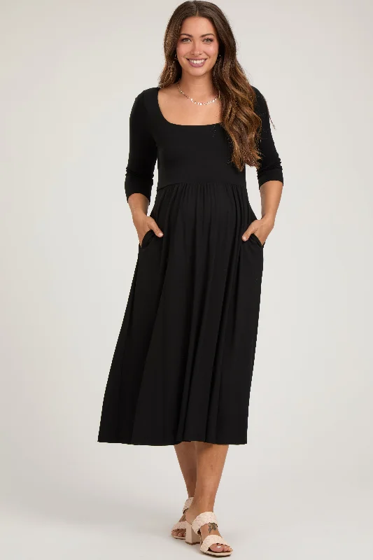 Women's midi dress blush pop -Black Square Neck 3/4 Sleeve Maternity Midi Dress