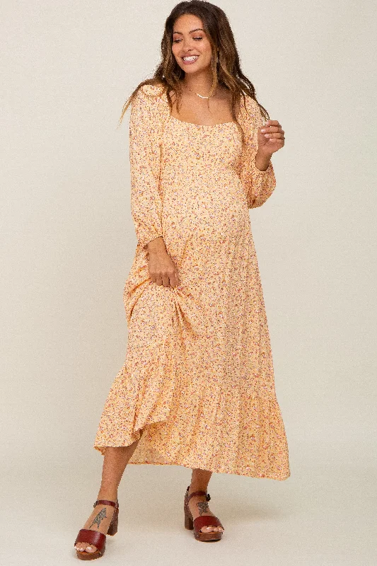 Women's midi dress moss chic -Yellow Floral Square Neck 3/4 Sleeve Maternity Midi Dress