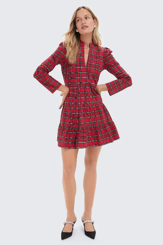 Women's flare dress sophisticated -Red Plaid Long Sleeve Tunic Flare Dress