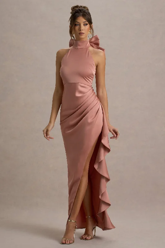 ladies-maxi-dress-comfortable-calm-Maureen | Pink Satin High-Neck Draped Maxi Dress