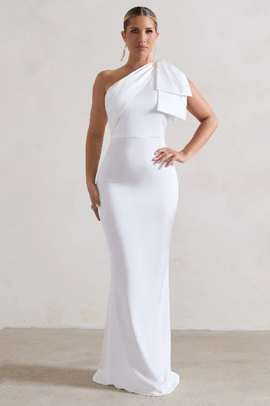 ladies-maxi-dress-padded-petal-Lady | White Satin One Shoulder Maxi Dress With Bow