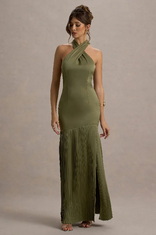 ladies-maxi-dress-brunch-breeze-Sansa | Khaki Satin Cross Halter-Neck Plisse Maxi Dress