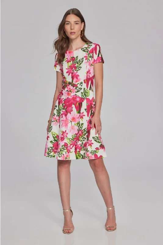 Women's flare dress Easter -Joseph Ribkoff Vanilla/Multi Floral Print Short Sleeve Fit and Flare Dress 241789