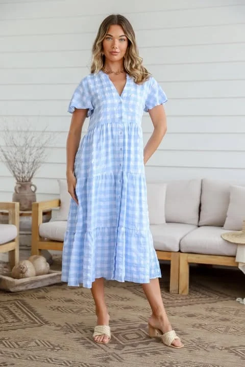 Women's midi dress frill pop -Valentina Gingham Midi Dress - Blue