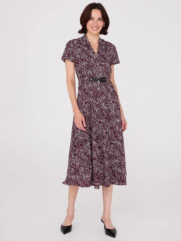 Women's midi dress sheen flair -Floral Print Shawl Collar Belted Midi Dress