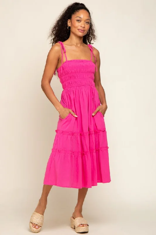 Women's midi dress stark glow -Fuchsia Sleeveless Tiered Midi Dress