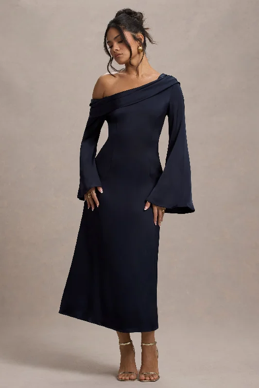 Women's flare dress New Year -Astral | Navy Satin Asymmetric Flared-Sleeve Midi Dress