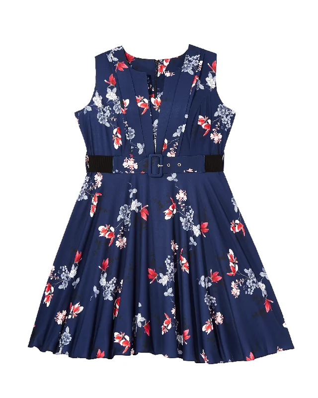 Women's flare dress holiday -Lyra Belted Fit & Flare Dress  | Navy / Red