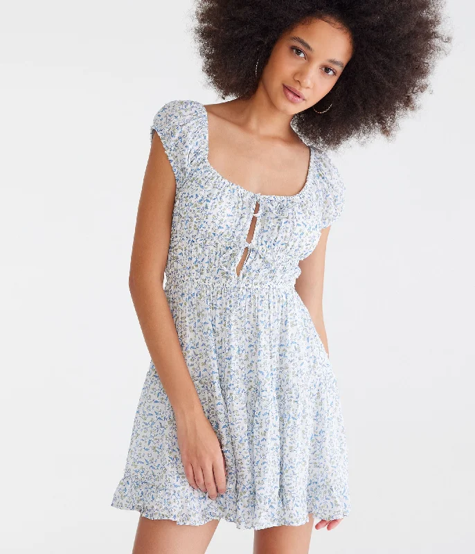 Women's flare dress travel flair -Aeropostale Floral Scoop-Neck Double-Tie Fit & Flare Dress