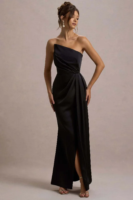 ladies-maxi-dress-chartreuse-chic-Cairo | Black Satin Strapless Draped Maxi Dress