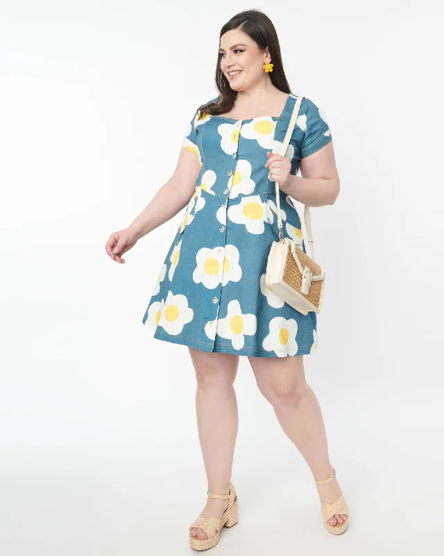 Women's flare dress slit -Unique Vintage Plus Size Blue Denim & Egg Flower Print Fit & Flare Dress | Teal/egg print