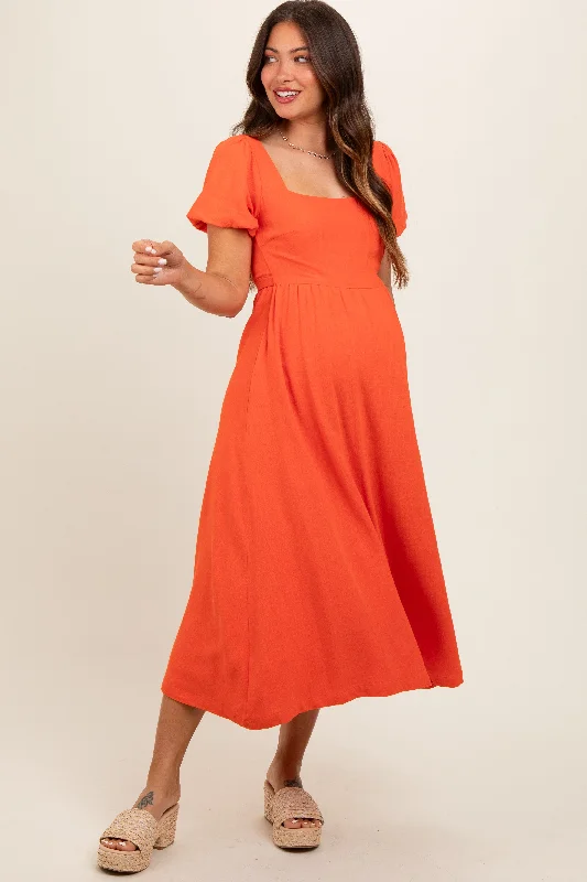 Women's midi dress mesh chic -Coral Puff Sleeve Linen Maternity Midi Dress