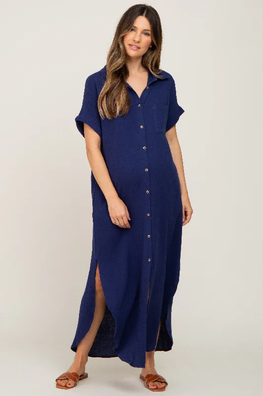 Women's midi dress neat chic -Navy Button Down Maternity Midi Dress