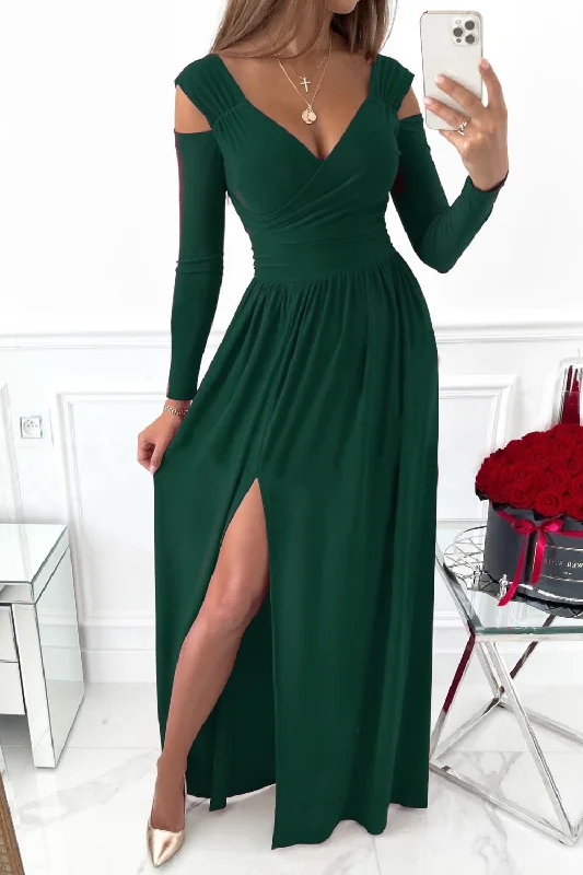 ladies-maxi-dress-ankle-allure-Slit Surplice Long Sleeve Maxi Dress