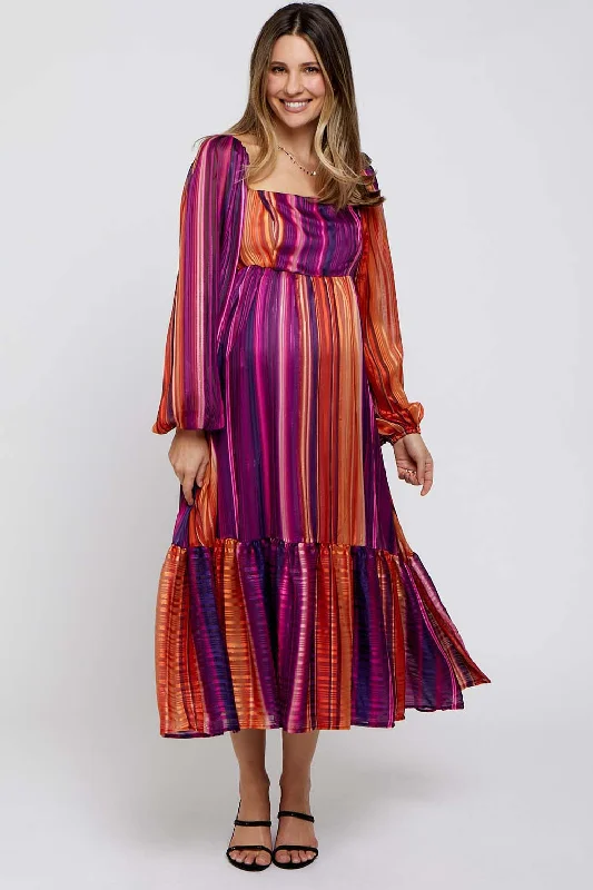 Women's midi dress calm chic -Plum Striped Maternity Midi Dress