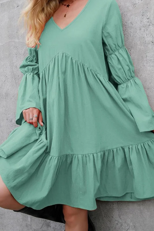 Women's midi dress trim flair -LONG SLEEVE RUFFLED MIDI DRESS