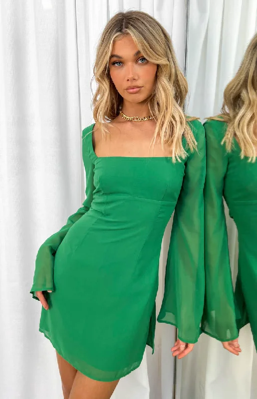 ladies-mini-dress-glitter-glow-Amalfi Green Long Sleeve Lace Up Mini Dress