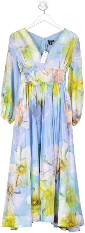 ladies-maxi-dress-travel-tide-Karen Millen Blue Petite Photographic Floral Silk Cotton Maxi Dress UK 4